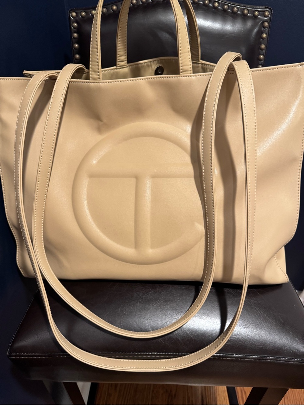 Telfar Cream Leather Shopping Tote with Debossed Logo